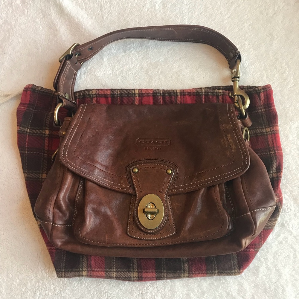 Coach Brown Leather & Red Plaid Hobo Bag